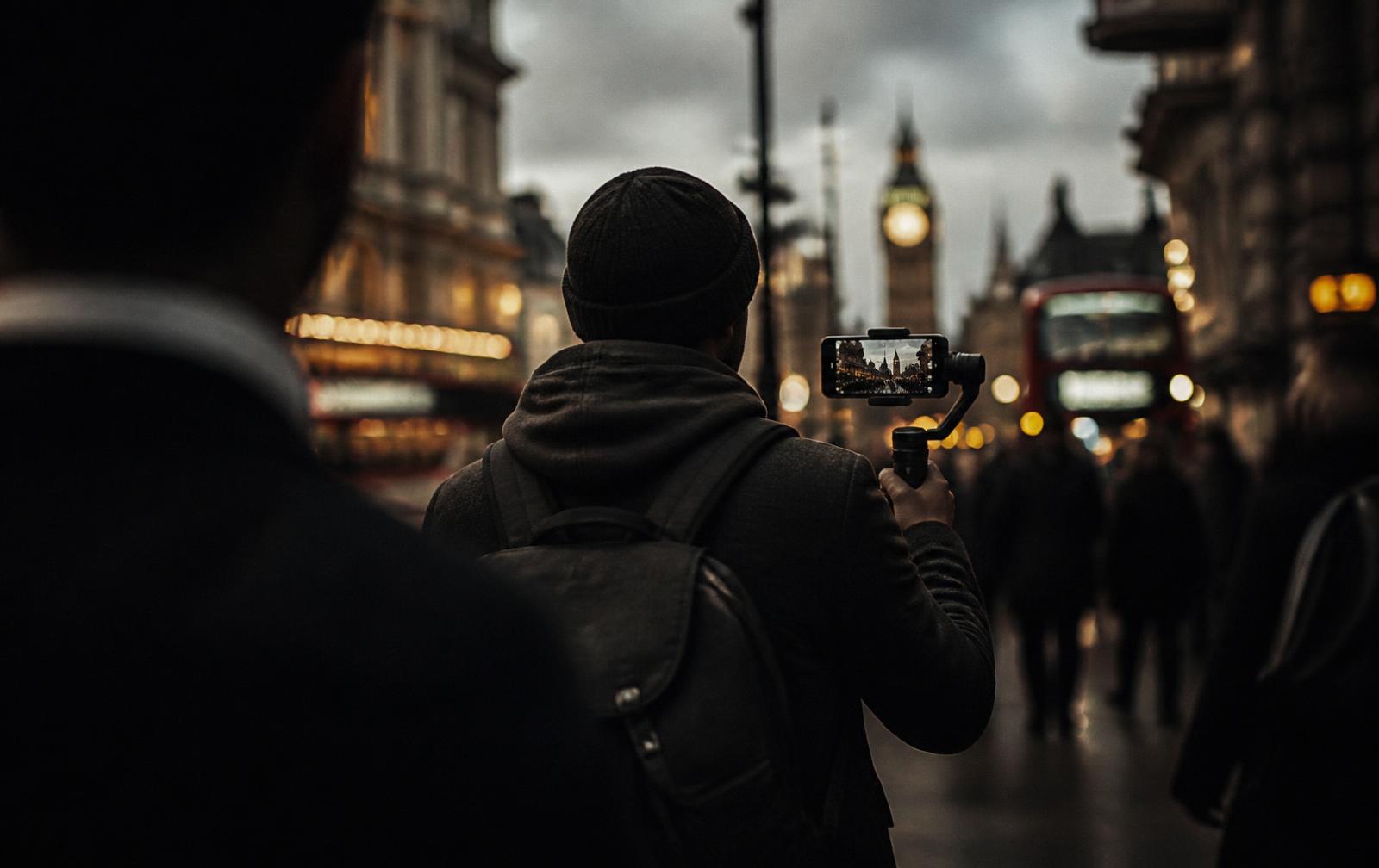 Creator filming on a London street with discreet protection nearby