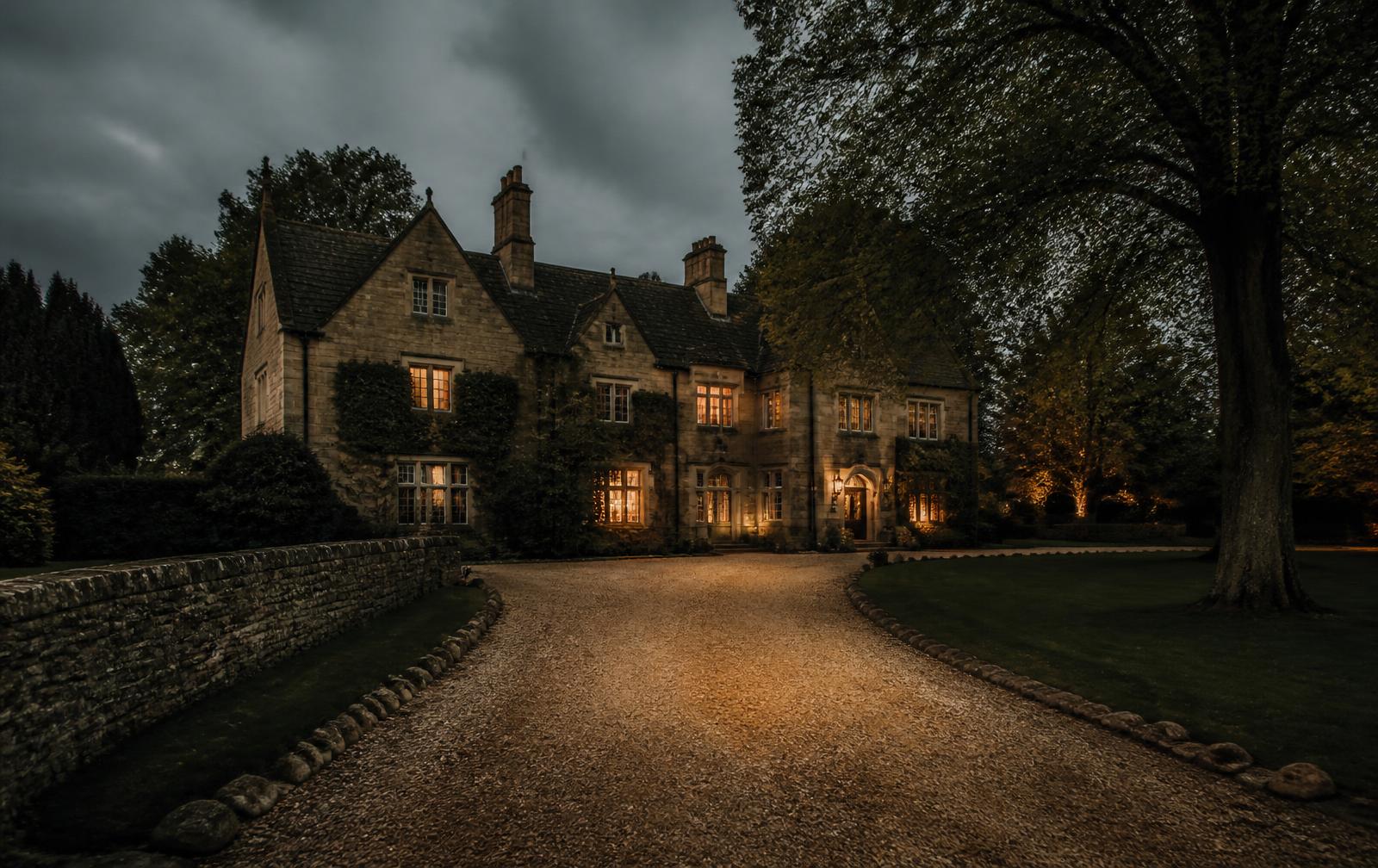 Cotswold stone country estate at dusk